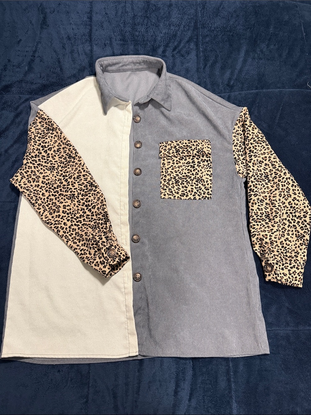 SHEIN Colorblock Button-Down Shirt with Leopard Print Sleeves - Gray/Cream